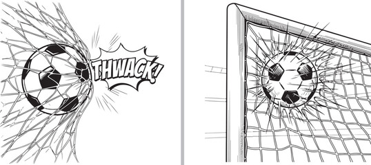A two-panel vector illustration of soccer balls hitting a net, featuring a dynamic comic-style "THWACK!" impact on the left and a ball bulging the top corner of the goal net on the right. © Muhammad