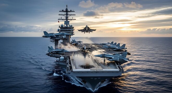 Aircraft Carrier at Sea with Fighter Jets.