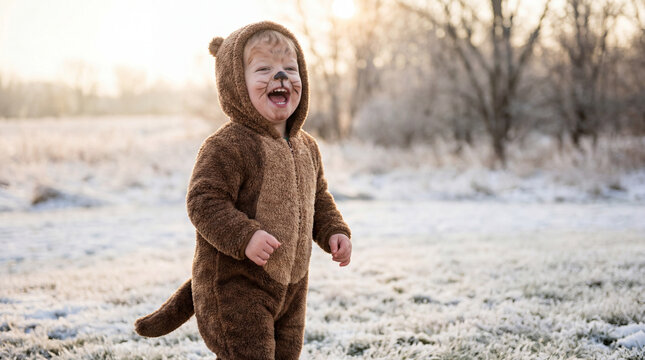 Groundhog Day February celebration toddler child with face makeup wearing costume standing upright mimicking animal pose for playful holiday magazine photography