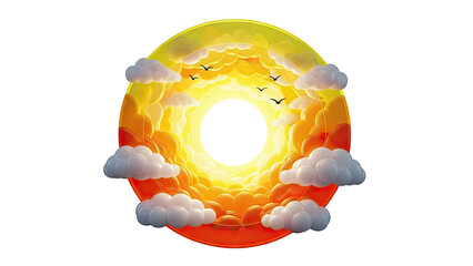Stylized sun, clouds and birds within a circular frame