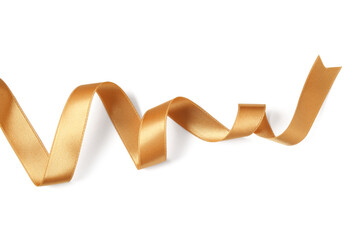 Shiny golden ribbon on white background, closeup
