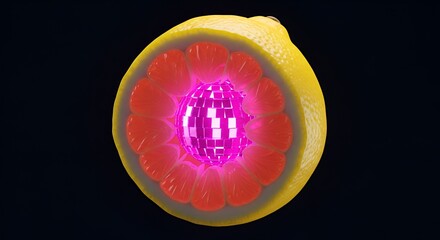 A cross-section of a vibrant yellow lemon reveals juicy pink segments and a glowing pink disco ball