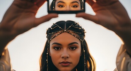 A young woman with intricate golden hair adornments gazes into a small mirror reflecting her eyes
