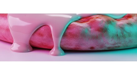 Viscous pink liquid drips onto a textured, pinkish-red organic surface under vibrant teal and