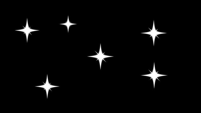 Sparkling twinkle stars animation featuring white cartoon flat vector doodles, shimmering glitter shine and gentle blinking light effect, glowing motion on black screen background in crisp 4K