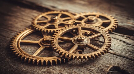 Intricate Brass and Steel Gears Interlocking on Rustic Wooden Surface, Evoking Vintage Industrial Mechanics