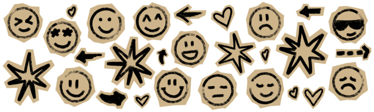 Hand drawn grunge scrapbook stickers with stars, hearts, arrows and emoji faces. Bold chalk and crayon textured collage style vector illustration, playful cutout elements isolated for creative design.