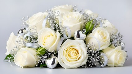 Theme Valentine's Day,&nbsp;Elegant white rose bouquet with silver ornaments and ribbons