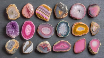Naklejka premium A Collection of Smooth Polished Agate Slices Displayed on a Dark Surface