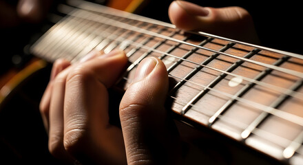 Detailed view of hands pressing strings on a guitar neck during a musical performance or practice session