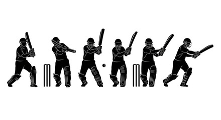 black and white cricket player batting sequence illustration on white background