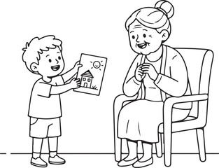 Smiling boy showing his drawing of a house and sun to a happy grandmother sitting in a chair, representing family bonding, care, and intergenerational love