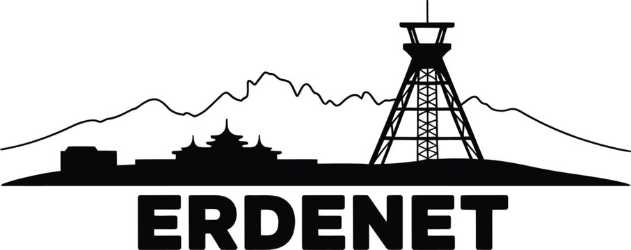 Erdenet mongolia city skyline silhouette featuring industrial mining tower and mountain range