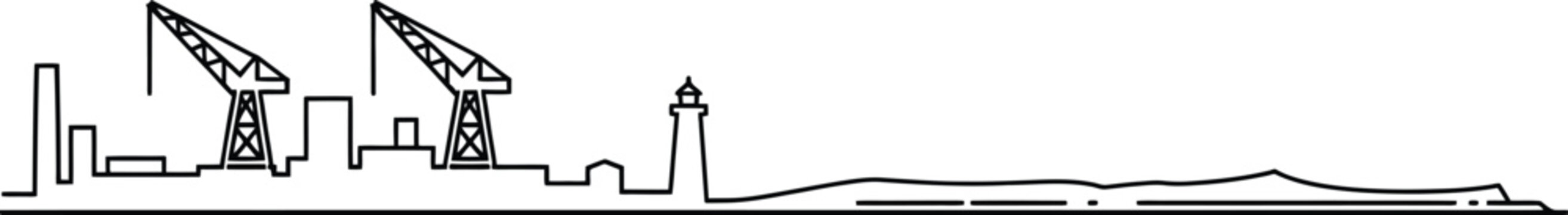Industrial port skyline vector illustration with shipyard cranes lighthouse and harbor outline