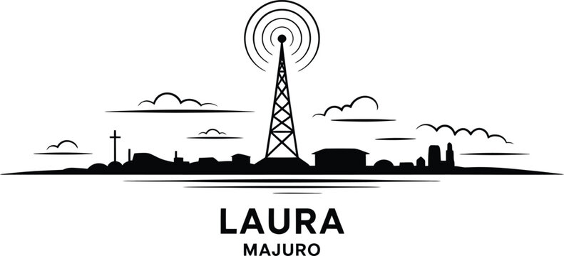 Laura majuro skyline vector illustration with radio tower and clouds silhouette line art style