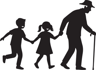 Generational family bond silhouette Grandfather, elderly man, and two happy children, kids, walking hand in hand, symbolizing love, support, and togetherness across generations