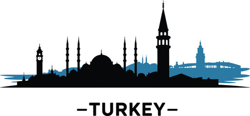 Fototapeta premium Turkey city skyline silhouette featuring historical mosques and clock towers for travel poster