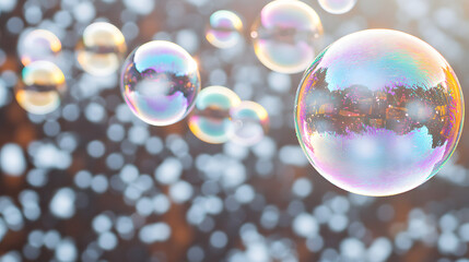 Naklejka premium Set of translucent soap bubbles with iridescent reflections floating in soft light, representing purity, lightness, playfulness, and abstract beauty concepts.