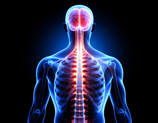 Human brain and spinal cord glowing red within a translucent blue skeletal body on black background