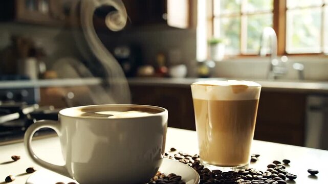 Steaming Coffee Cups on Kitchen Counter.
