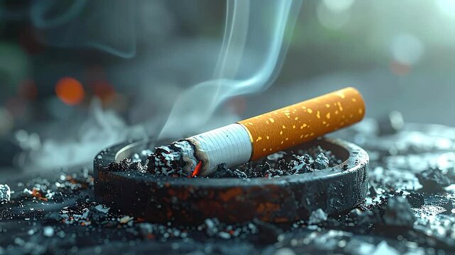 Close-up of a lit cigarette in an ashtray with smoke rising, representing addiction.