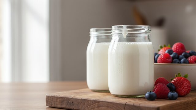 Two glass jars filled with creamy kefir drink placed on a wooden surface, accompanied by fresh berries, creating a vibrant and healthy beverage scene with copy space