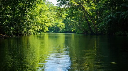 A serene river flows through a lush green forest with sunlight filtering through the trees