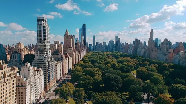 Aerial establishing shot of New York City, flying above Central Park and 5th Avenue, sunny weather, luxury high-rise buildings, cinematic realism,