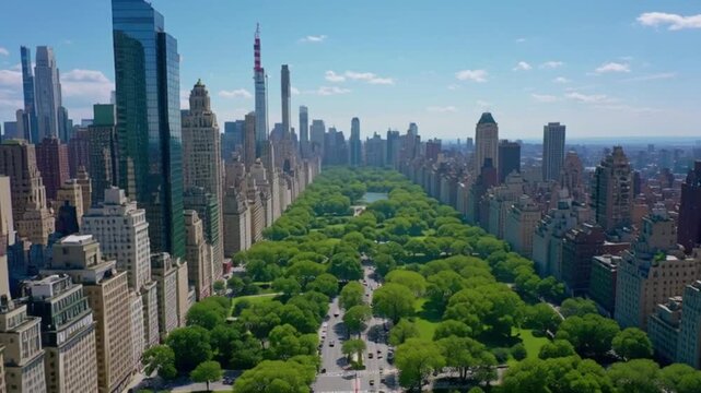 Aerial establishing shot of New York City, flying above Central Park and 5th Avenue, sunny weather, luxury high-rise buildings, cinematic realism,