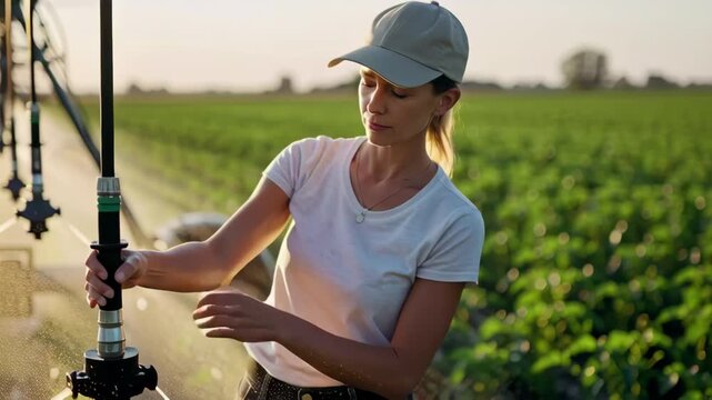 Female farmer inspecting center pivot irrigation system sprinkler in green field at sunset