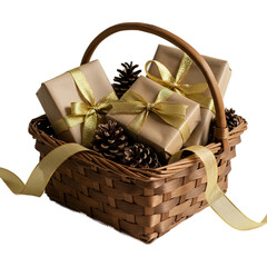 Rustic Wicker Basket Filled With Gifts Pinecones Golden Ribbons Warm Light
