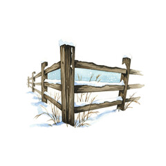 Rustic Wooden Fence Covered in Snow with Winter Landscape Background