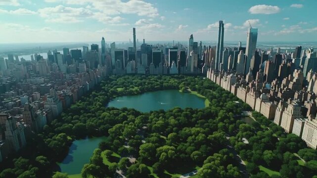 Aerial establishing shot of New York City, flying above Central Park and 5th Avenue, sunny weather, luxury high-rise buildings, cinematic realism,