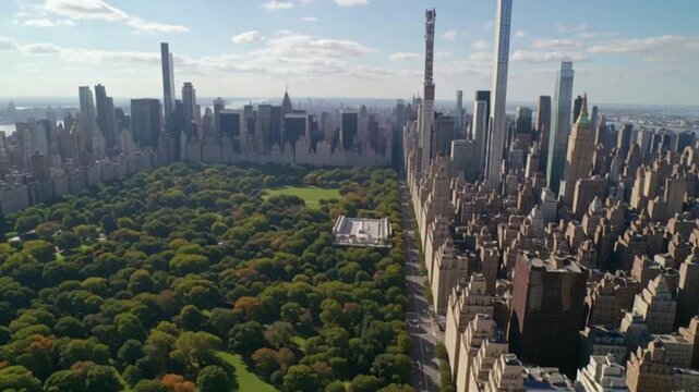 Aerial establishing shot of New York City, flying above Central Park and 5th Avenue, sunny weather, luxury high-rise buildings, cinematic realism,