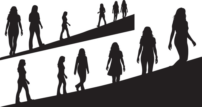 Silhouettes of people walking up and down inclined planes