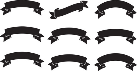Collection of black ribbons and banners on white background