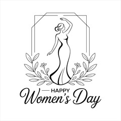 Happy Women&rsquo;s Day Minimal Line Art Illustration with Elegant Female Figure and Floral Elements