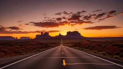 Obraz premium Road to horizon dramatic sunset over desert landscape and mountains