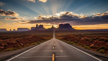 Obraz premium Road leading to the horizon with mountains under a cloudy sunset sky