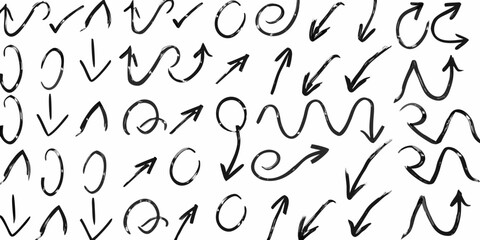 Abstract black and white pattern featuring various arrow and swirl shapes