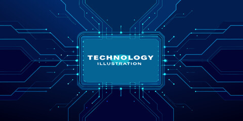 Abstract technology illustration with blue circuit board and hexagonal network design