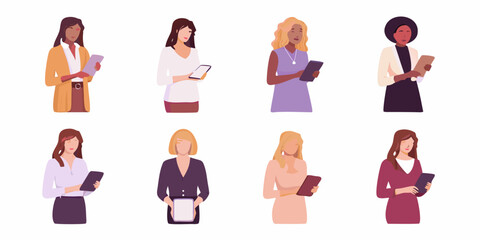 Diverse group of women using digital tablets in a modern illustration style