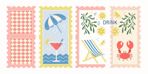 A collection of vintage style summer themed postage stamps with various illustrations