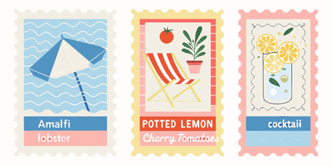 Colorful illustrated postage stamps featuring summer themes and vibrant imagery
