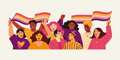 A diverse group of people waving rainbow and lesbian pride flags joyfully
