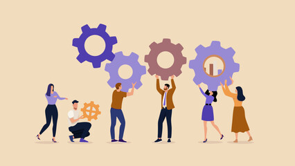 Teamwork and collaboration people connecting gears for a successful mechanism