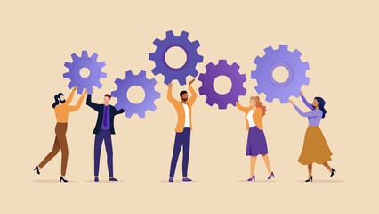 Teamwork and collaboration people connecting gears representing synergy and progress