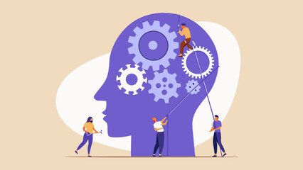 People working on gears inside a human head silhouette conceptual illustration