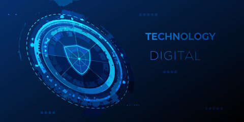 Digital security concept with a glowing shield and technological network background