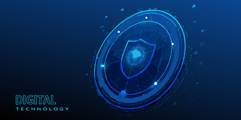 Abstract digital security shield with glowing rings and network connections